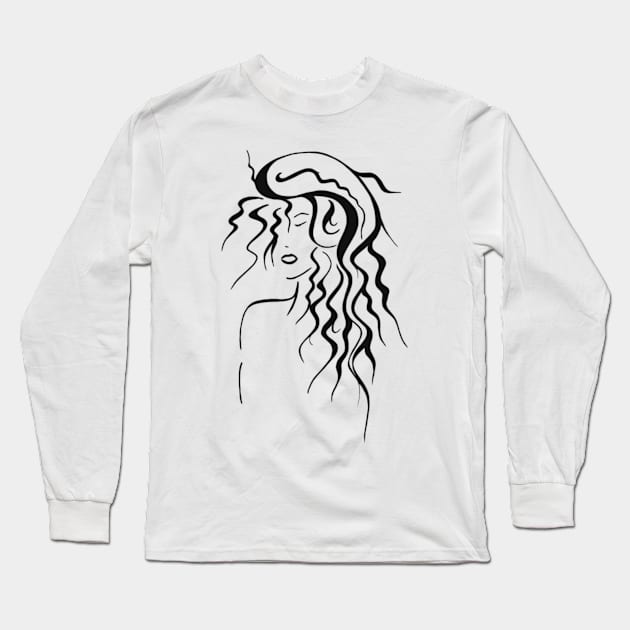 Black and white curly girl Long Sleeve T-Shirt by Drawings by Wandersti